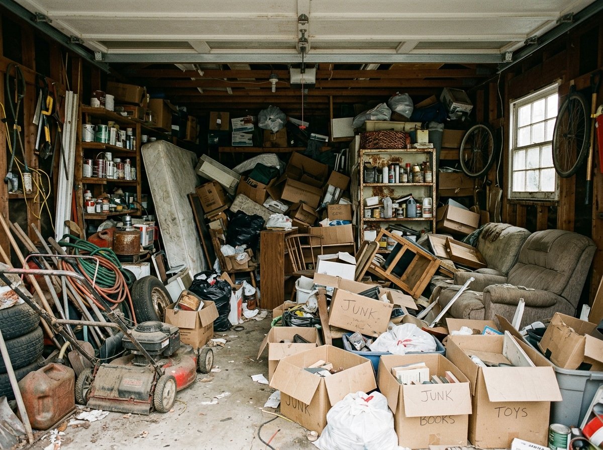 Messy cluttered garage full of junk boxes and old appliances before removal